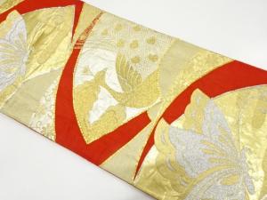 アンティーク　地紙に孔雀・蝶模様刺繍袋帯（着用可）